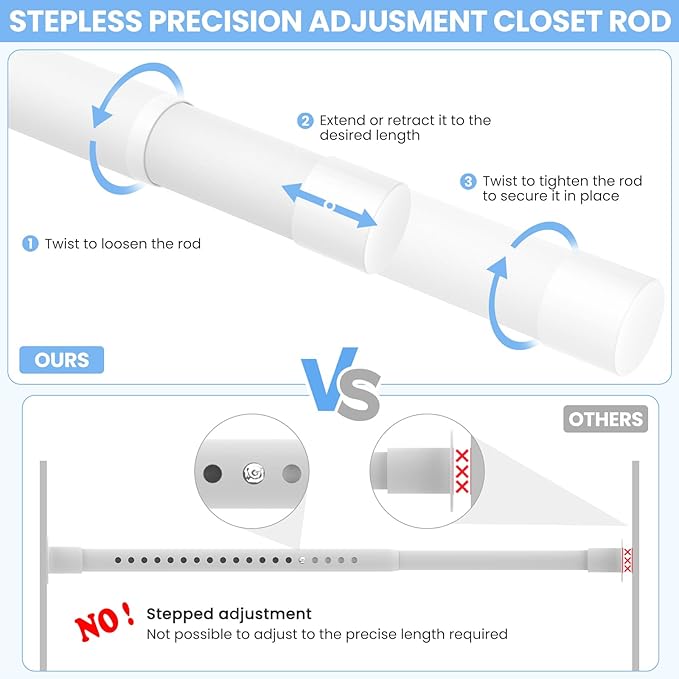 3 Pack Closet Rods for Hanging Clothes, 17 to 28 Inch Heavy Duty Stepless Adjustable Closet Hanging Rod, 1.3 Inch Diameter Metal Closet Rod for Wardrobes Laundry Bedroom RV, White
