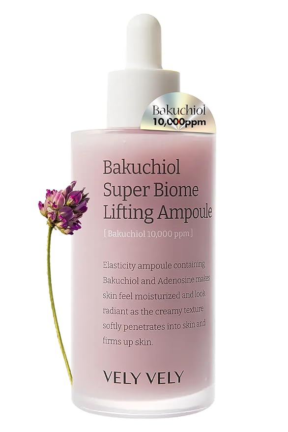 VELY VELY Bakuchiol Super Biome Lifting Ampoule Serum - Age-Defying Hydrating Firming Pore Serum Ampoule Korean Skin Care - Hypoallergenic Bakuchiol Oil Face Moisturizer w/Niacinamide (3.38 fl oz)