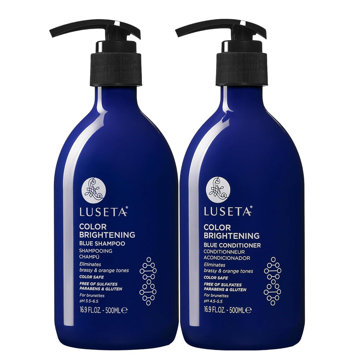 Luseta Blue Shampoo & Conditioner Set - Color Brightening for Brassy and Brunette Treated Hair, Revive Cool Tones, 2x 16.9oz