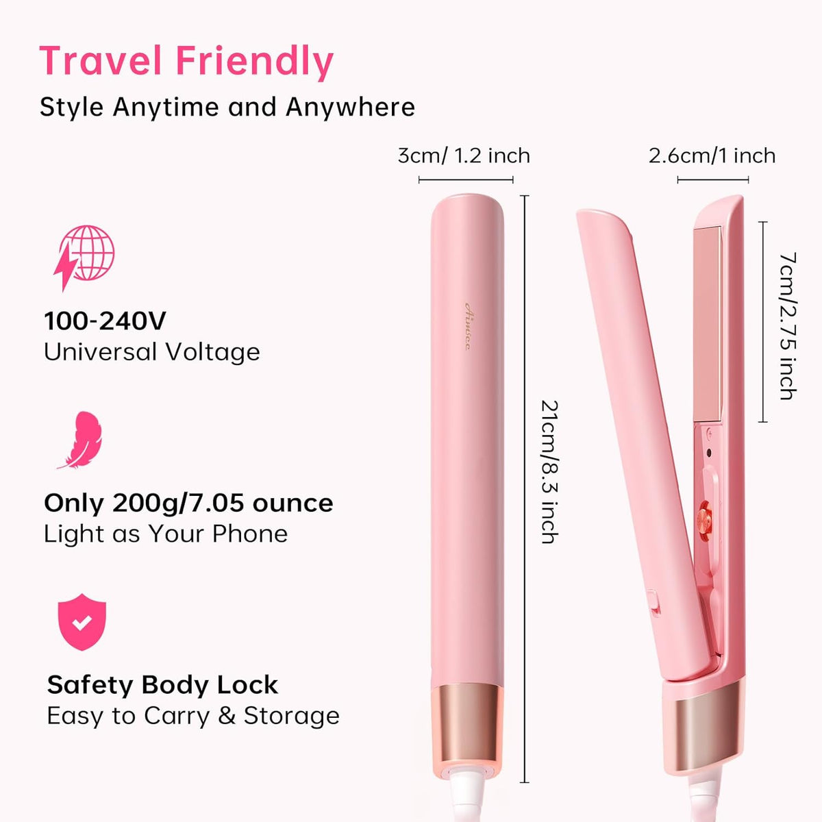 Mini Flat Iron 1 Inch Ceramic Mini Hair Straightener, Small Flat Irons for Short Hair, Curls Bangs, Dual Voltage for Travel,Dual Voltage for Worldwide Use