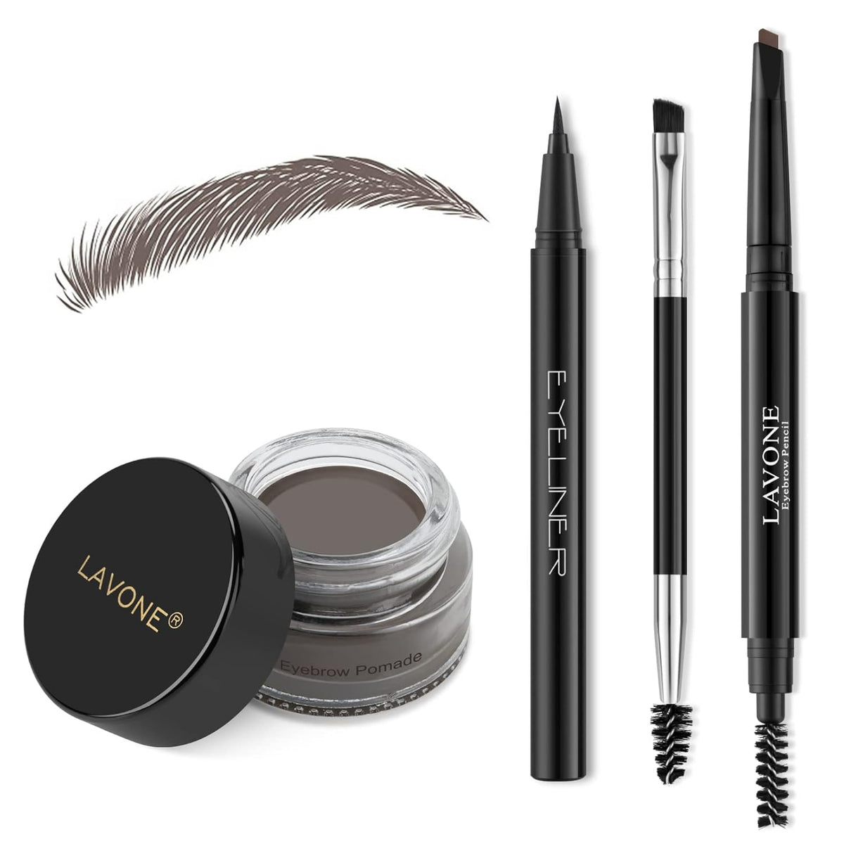 LAVONE Eyebrow Stamp Pencil Kit for Eyebrows, Makeup Brow Stamp Trio Kit with Waterproof Eyebrow Pencil, Eyeliner, Eyebrow Pomade, and Dual-ended Eyebrow Brush - Ebony