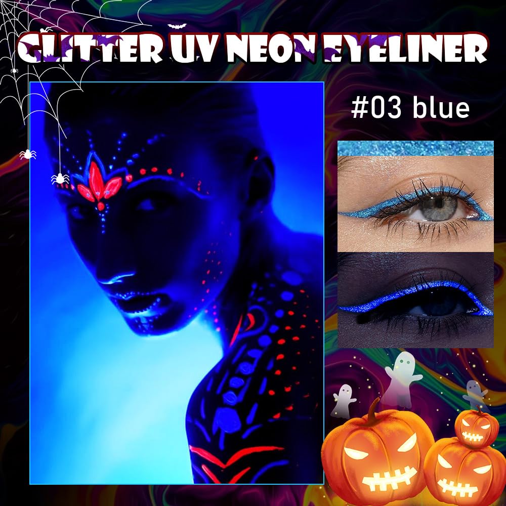 evpct Blue Shimmer Eyeliner UV Neon Gel Eyeliner Pencil Makeup, Rainbow Halloween Colored Colorful Gel Eye Liner Pen Glow in Dark Makeup, Long Lasting Waterproof Eyeliners for Face Body Painting
