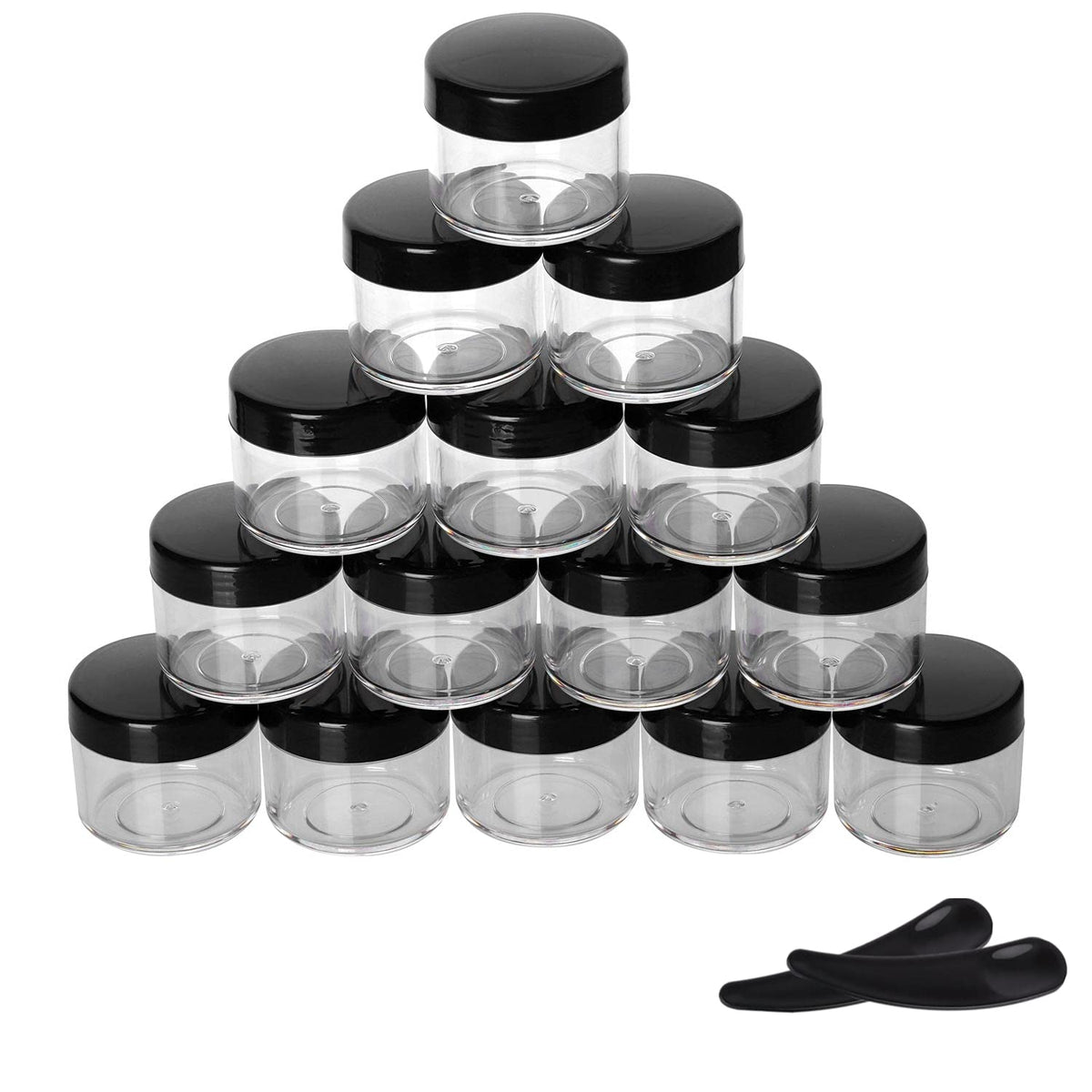 Refillable Cosmetic Sample Jars - 100 Pack 15g (0.5oz) Black Small Travel Containers with Lids + 10 Mini Makeup Spatulas - BPA Free
