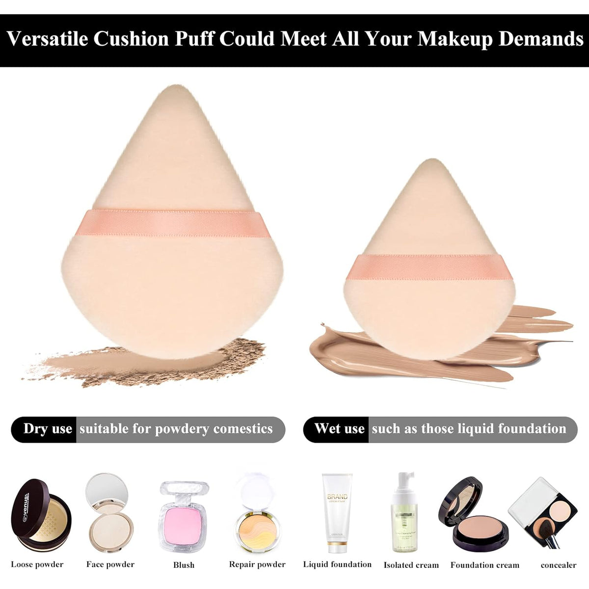 Maitys 12 Pieces Powder Puff Triangle Face Makeup Cosmetic for Loose Powder Soft Body Washable Reusable Foundation Sponge Mineral Wet Dry Makeup Tool for Women(Large, Small,Black, Nude Color)