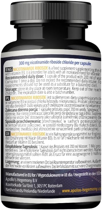 APOLLO'S HEGEMONY Nicotinamide Riboside (NR) 300 mg - 60 Niacin Vegan Capsules - 2 Months Supply - NAD+ Precursor - Vitamin B3 Supplement to Support Energy Metabolism and Reduce Tiredness