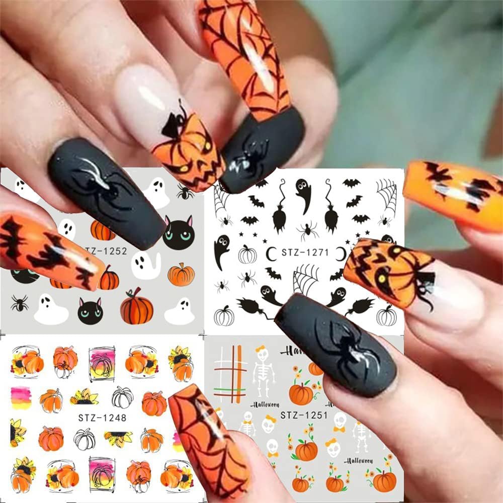 Halloween Nail Art Stickers Water Transfer Nail Decals 12Pcs Halloween Pumpkin Skeleton Spider Ghost Maple Leaf Designer Slider Nail Foils Fall Watermark Decals for Nail Manicure Accessories for Women