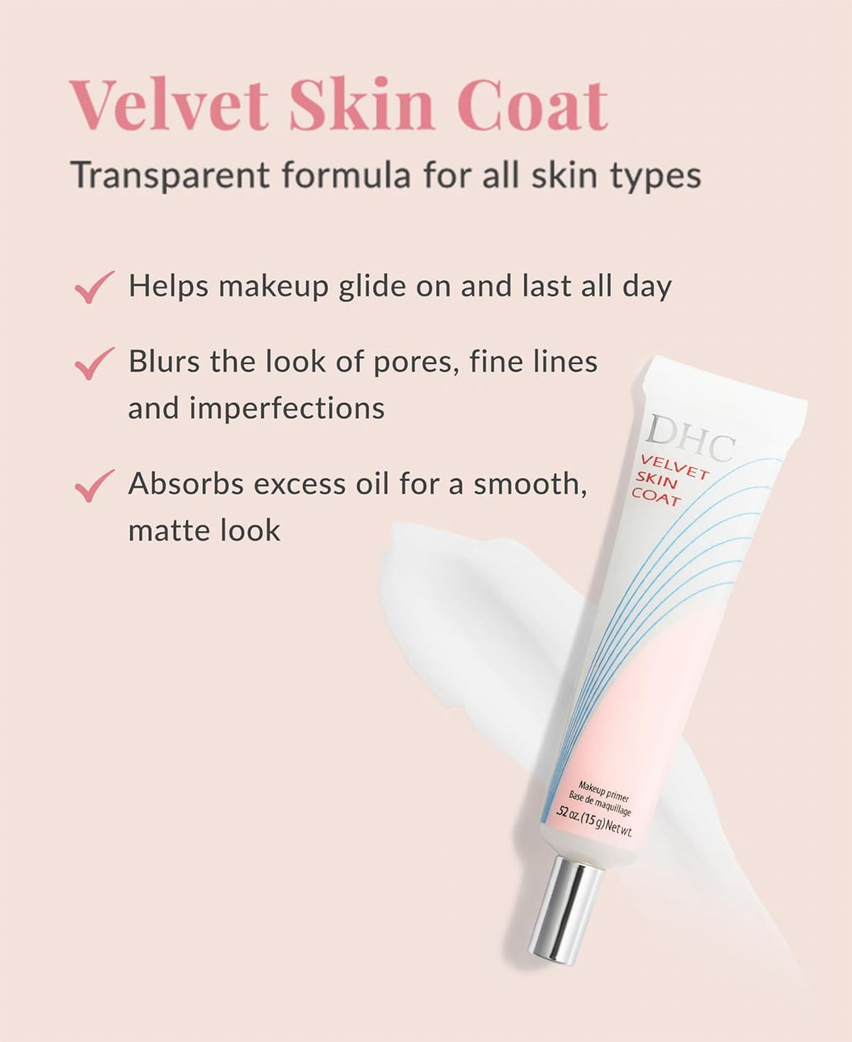 DHC Velvet Skin Coat, Mattifying Makeup Primer, Powder-Gel Formula, Minimizes look of pores, fine lines, and Imperfections, All skin types, Fragrance and Colorant Free, 0.52 oz. Net wt