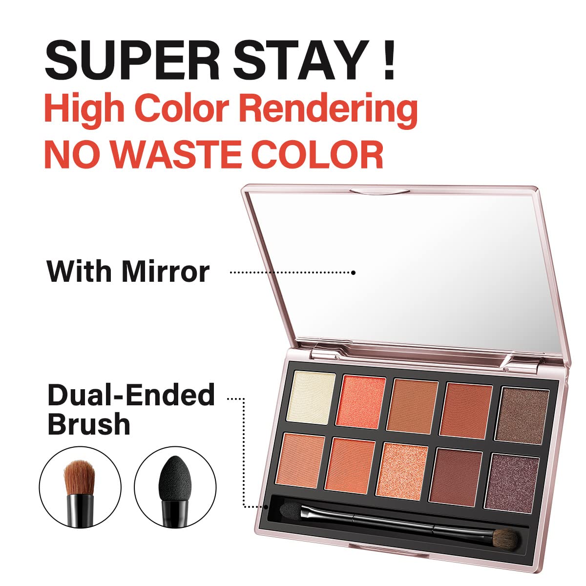 10 Color Eyeshadow Palette, Matte, Shimmer, Glitter Pigment Eye Shadow Makeup Pallete, Neutral Nudes Sunny Orange Eye Makeup Palette with Brush & Mirror, 01.Sunset