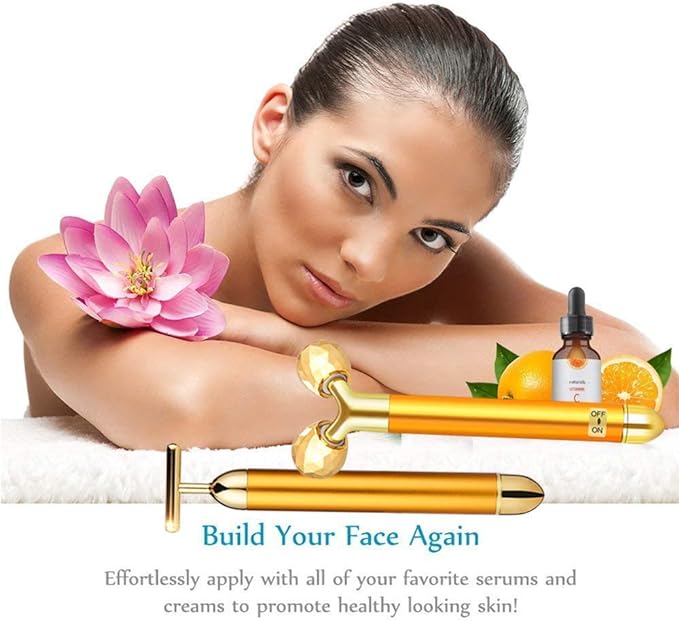 DANGSHAN 2-in-1 Electric Face Massager 24k Golden Facial Massager, 3D Roller and T Shape Facial Roller Massager Kit Skin Care Tools