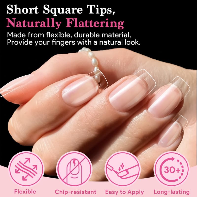 Short Square False Nail Tips, 15 Sizes 510 PCS Clear French Press On Fake Nail Soft Pre-shaped Half Matte Full Cover Gel Nail Tips Extensions Thick Long Lasting for DIY Beginners & Salon Manicure