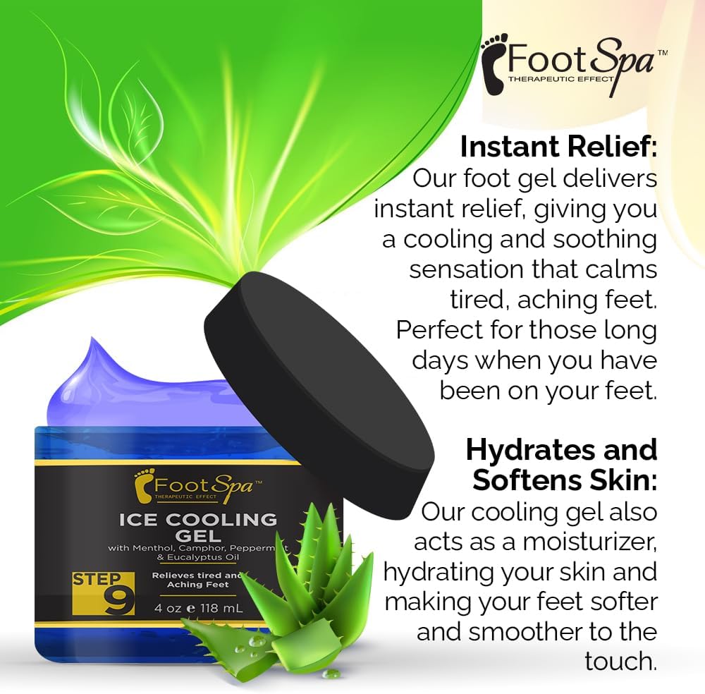 Foot SPA - Massage Cooling Gel for Pedicure Treatment with Menthol, Camphor, Peppermint and Eucalyptus Oil, Professional Strength Foot and Leg Ice Cooling Gel Therapy, Relives Tired Aching Feet, 4 oz