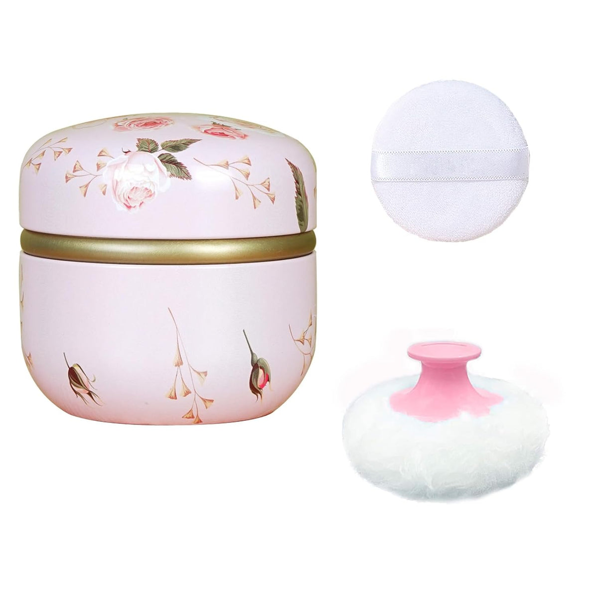 Body Powder Puff and Container for Dusting Powder, Women Powder Puff and Powder Case for Bath and Travel (Romantic Flowers)