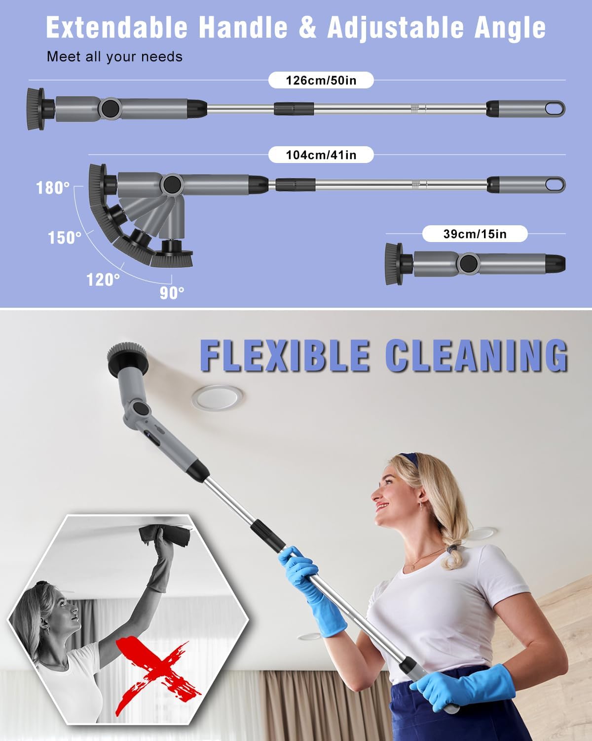 Electric Spin Scrubber, [IPX7 Waterproof ] [50KG Torque] Shower Scrubber with 9 Brush Heads, 2 Speed Mode, 4 Adjustable Angles, Electric Brush for Cleaning for Bathroom Floor Tile (Gray)