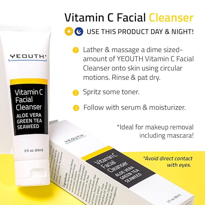 YEOUTH Vitamin C Cleanser for Face Wash, Hydrating Gentle Facial Cleanser, Face Wash for Men and Women 3 fl oz