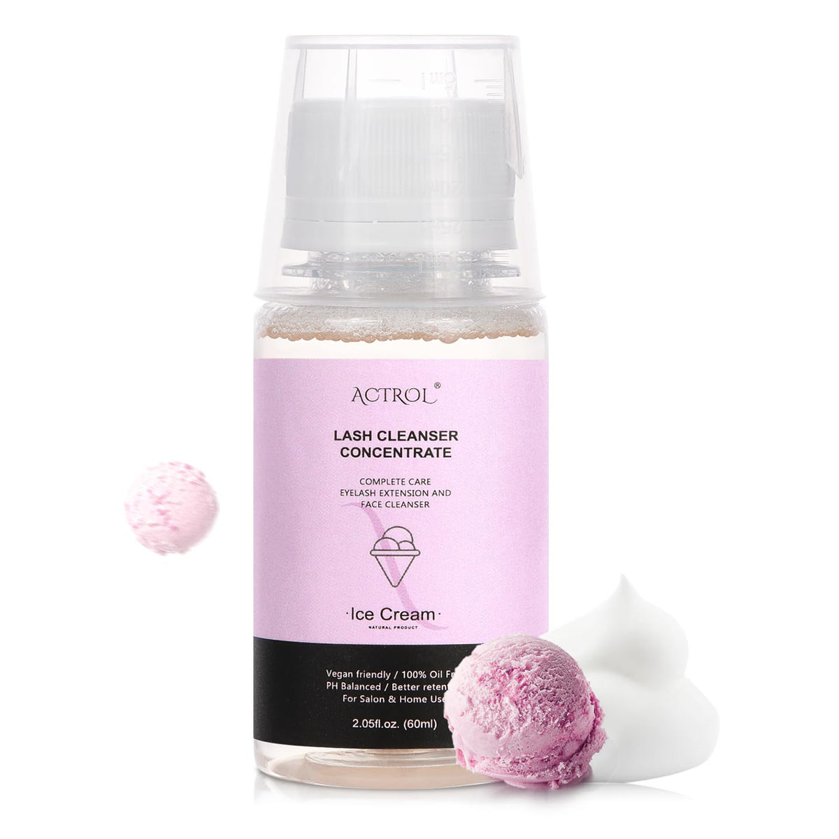 Eyelash Cleanser Concentrate 60ml Ice Cream Professional Lash Shampoo Foaming Cleanser DIY Paraben & Sulfate Free Non-lrritating Wash for Extensions Lashes with Salon Home Care-Makes 6 Bottles