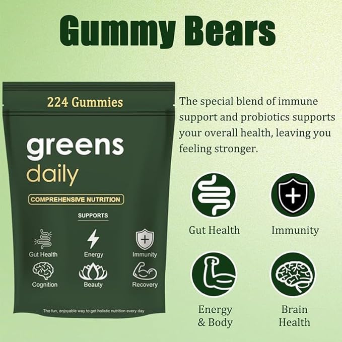 Greens Gummies, Daily Greens Gummies with Chlorella and Spirulina, Digestive & Gut Health, Multi-Vitamins & Minerals, 224 Gummy Bear