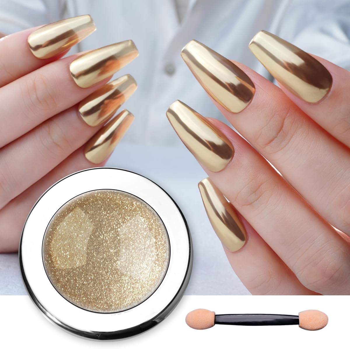 Pretty Diva Chrome Nail Powder - Champagne Gold Mirror Effect Nail Chrome Powders, Highlight Metallic Chrome Powder for Nail Art Pigment Chrome Powder for Nails (Champagne, 1g)