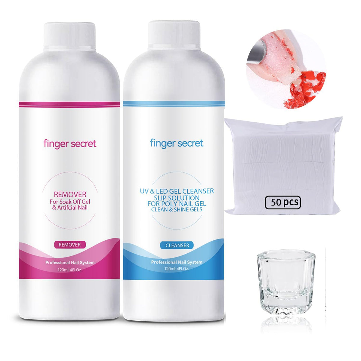 Nail Polish Remover Kit Nail Polish Remover & Slip Solution Polish Remover for Nails Slip Solution for Poly Gel Nails with Glass Cup Nail Cleaning pads