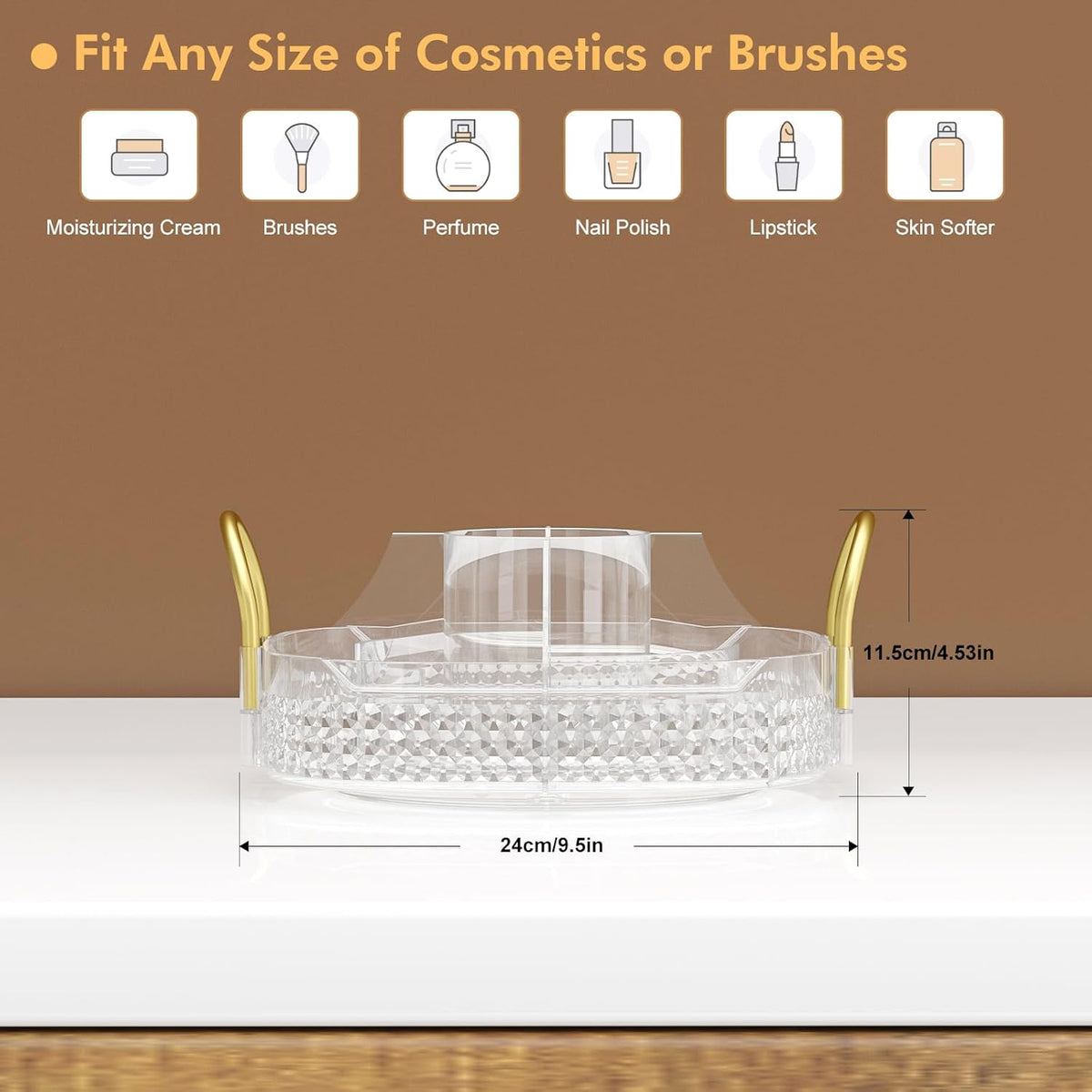 Awenia Rotating Makeup Organizer 360, Stackable Adjustable Large Capacity Cosmetic Storage Unit,Dresser Bathroom Kitchen Countertop Organizer with Metal Handle, Plus Size (Clear, 1 Tier)