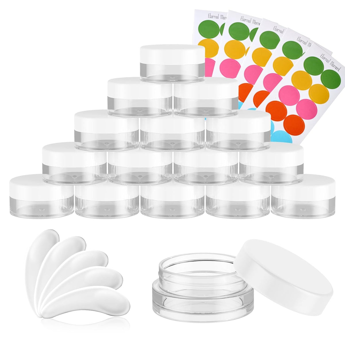 50 Pack 3 Gram Sample Containers with White Lids, Small Plastic Cosmetic Jars, Makeup Travel Container Jar for Cream, Bead, Eye Shadow, Lotions, Powders, Glitters Lip Gloss with Labels,Spatulas