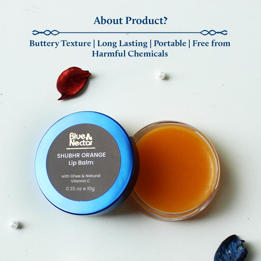 Blue Nectar Ayurvedic Orange Lip Balm with Organic Ghee & Natural Vitamin C for Dry Lips | Moisturizing Lip Gloss with Clean Ingredients (0.35 oz, 10 Herbs)