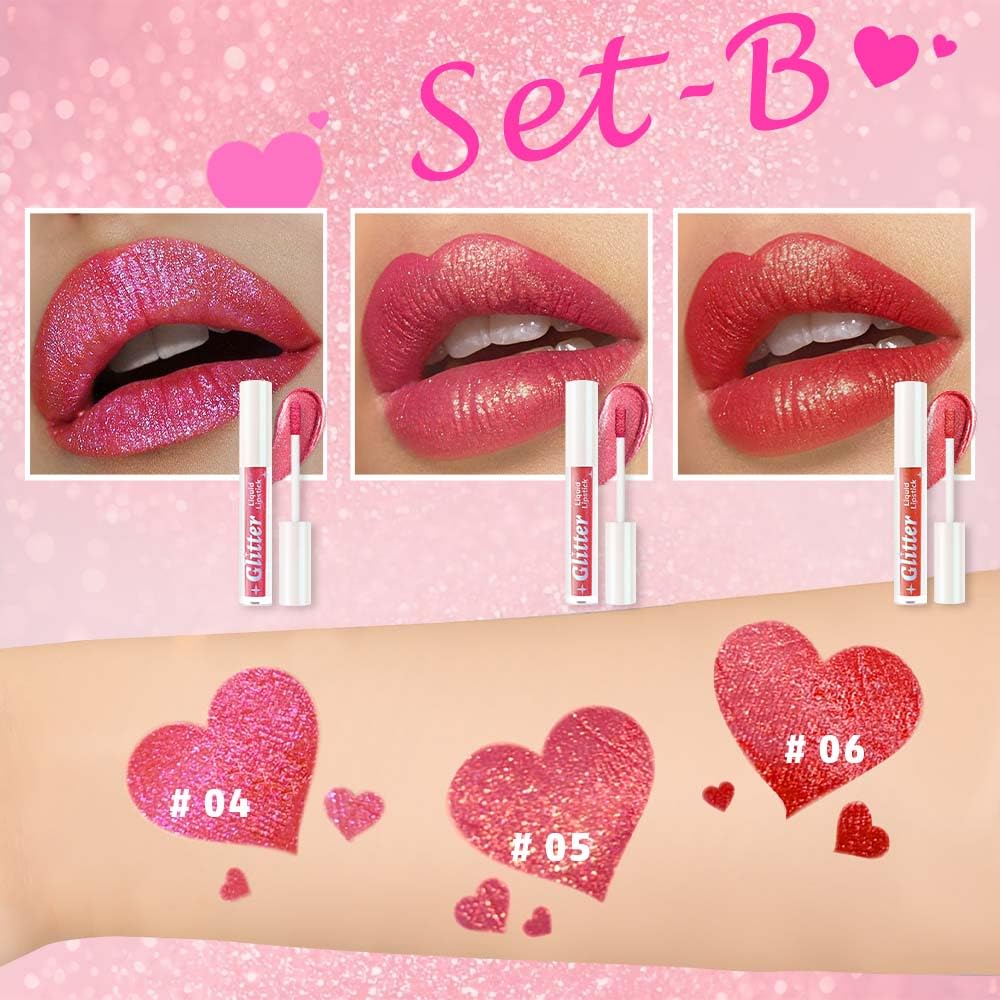 3Pcs Metallic Lipstick for Women,Lightweight Glitter Sparkling Liquid Lipsticks,Shimmer Lip Gloss Stain Long Lasting Waterproof Smudge Proof Non-Drying 24 Hour Full Coverage Lip Makeup,Vegan