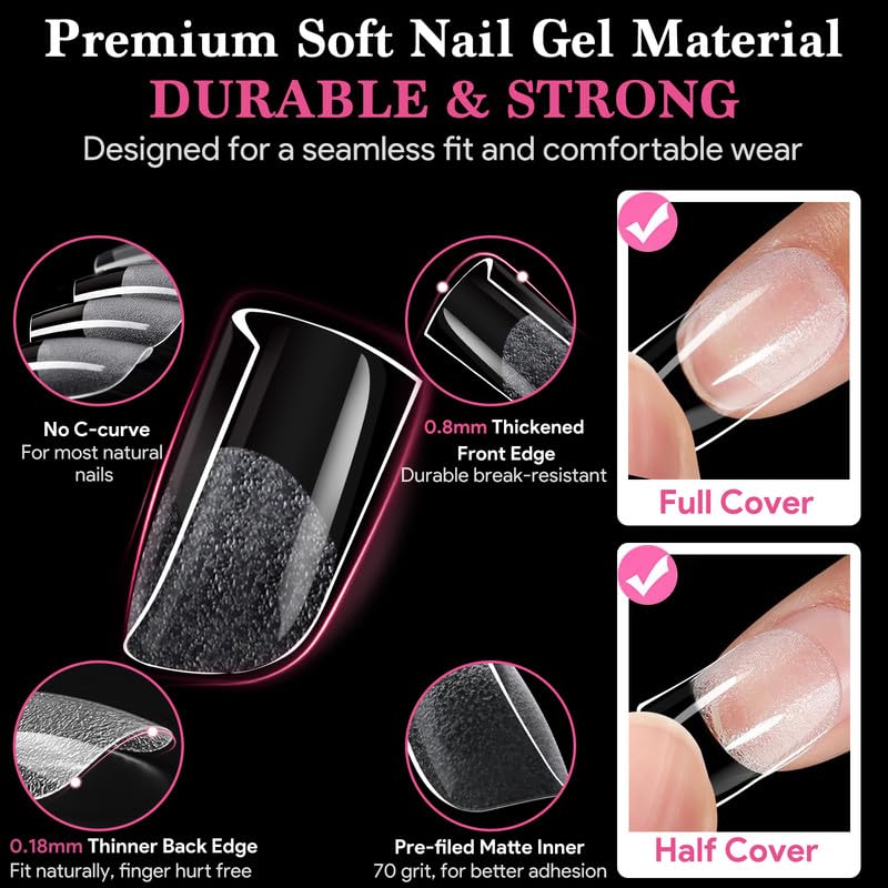 Extra Short Flat Head False Nail Tips, 15 Sizes 510 PCS Clear French Press On Fake Nail Pre-shaped Half Matte Full Cover Gel Nail Tips Extensions Long Lasting for DIY Beginners & Salon Manicure