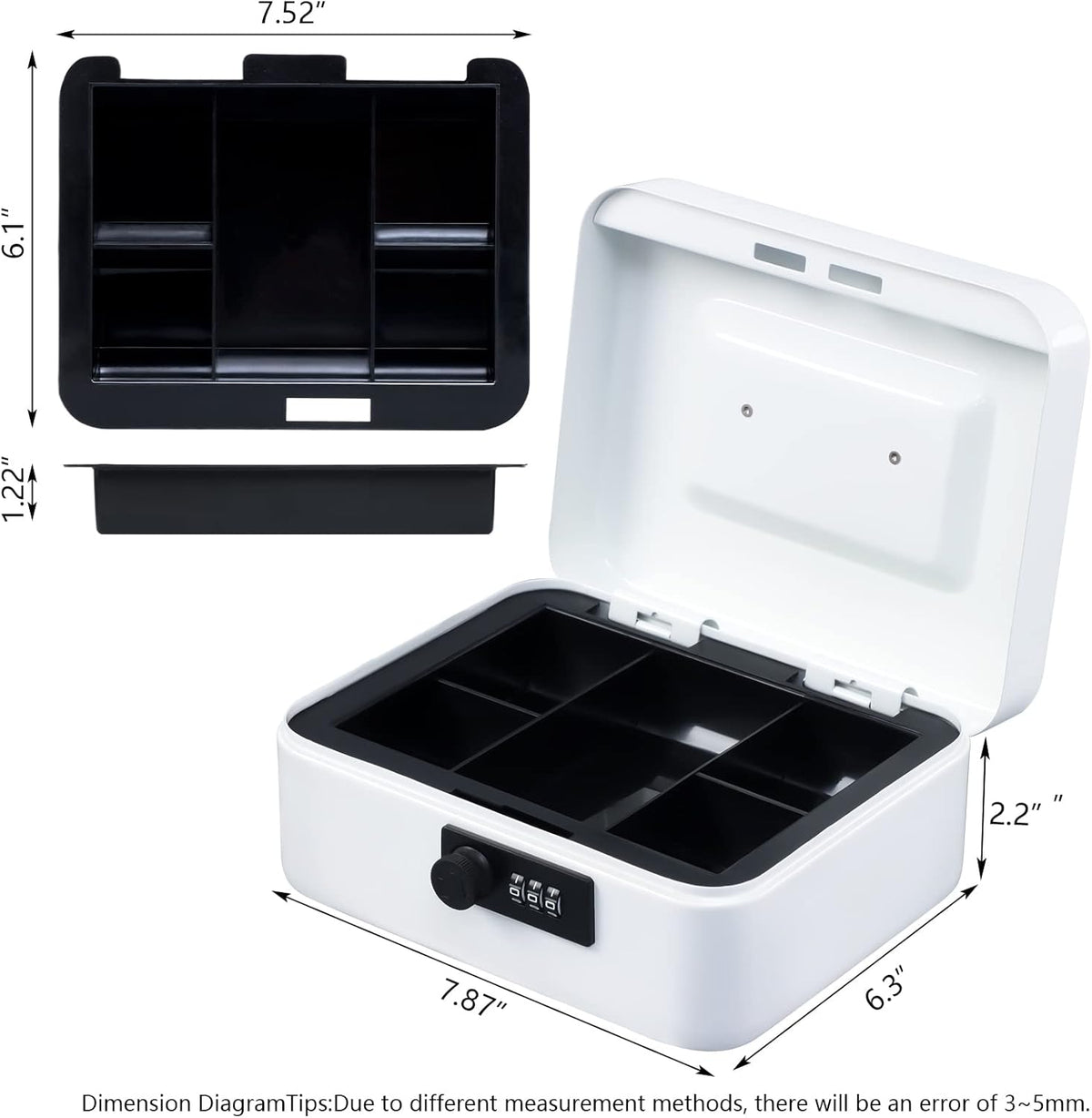 KYODOLED Cash Box with Combination Lock,Safe Metal Box for Money,Storage Lock Box with Money Tray,7.87"x 6.30"x 3.54" White Medium