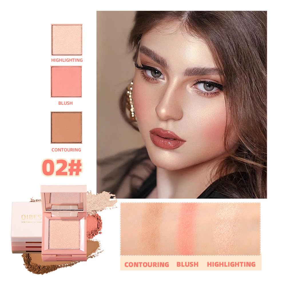 Contour and Highlight Blush Makeup Palette, Cream Bronzer, Silky Smooth Powder Blush, Shimmer Highlighter Makeup Powder, 3-in-1 Mixable Three-Piece Eyeshadow Palette with Mirror (02#)
