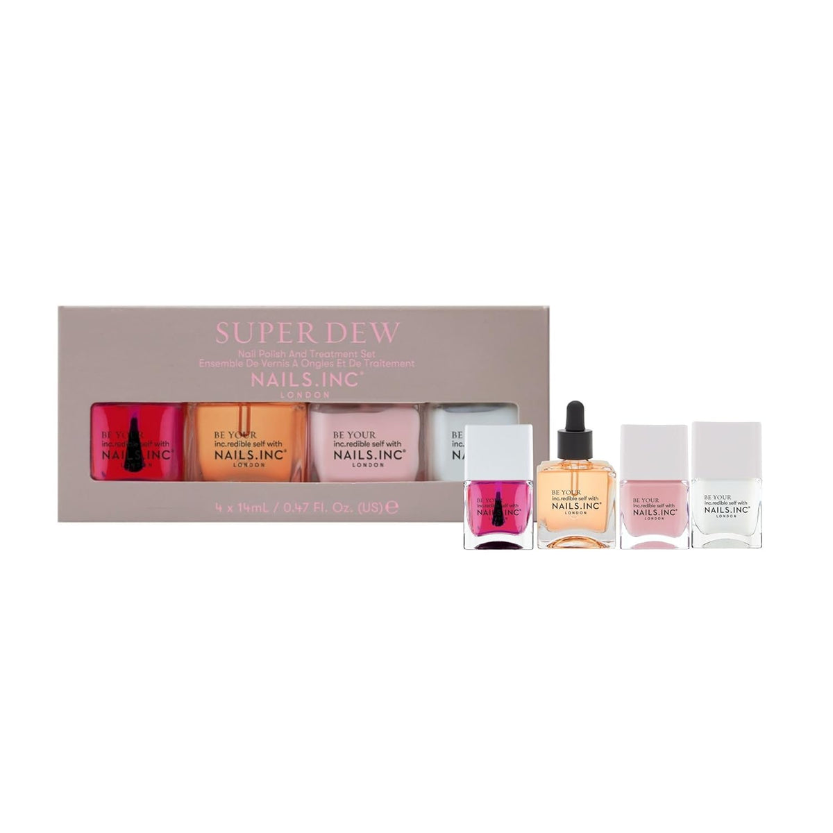 Nails Inc Super Dew Nail Polish Quad, Glow Enhancing Shades, Clean Girl Aesthetic, Fast Drying, Long Lasting, Chip Resistant, Air Dry Manicure, Vitamin C Cuticle Oil, Vegan, Cruelty Free, 4 Piece Set