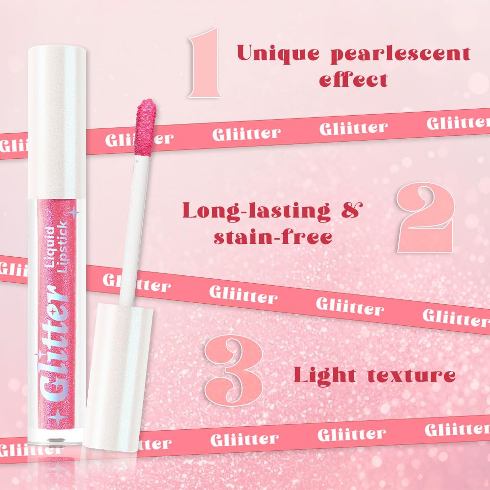 Pink Metallic Lipstick for Women,Lightweight Glitter Sparkling Liquid Lipsticks,Shimmer Lip Gloss Stain Long Lasting Waterproof Smudge Proof Non-Drying 24 Hour Full Coverage Lip Makeup,Vegan