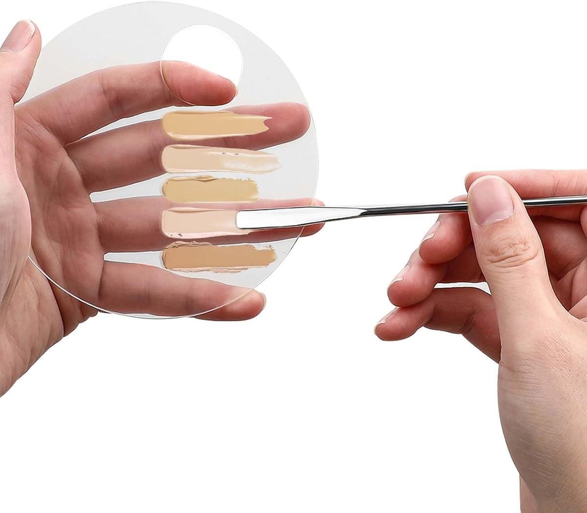 2PCS Makeup Mixing Palette with 2PCS Metal Spatula, Mixing Pigment Palette, Round White Clear Foundation Palette for Make up Eyeshadow Liquid Foundation Cosmetic Nail-Art Pigment Mixing Color