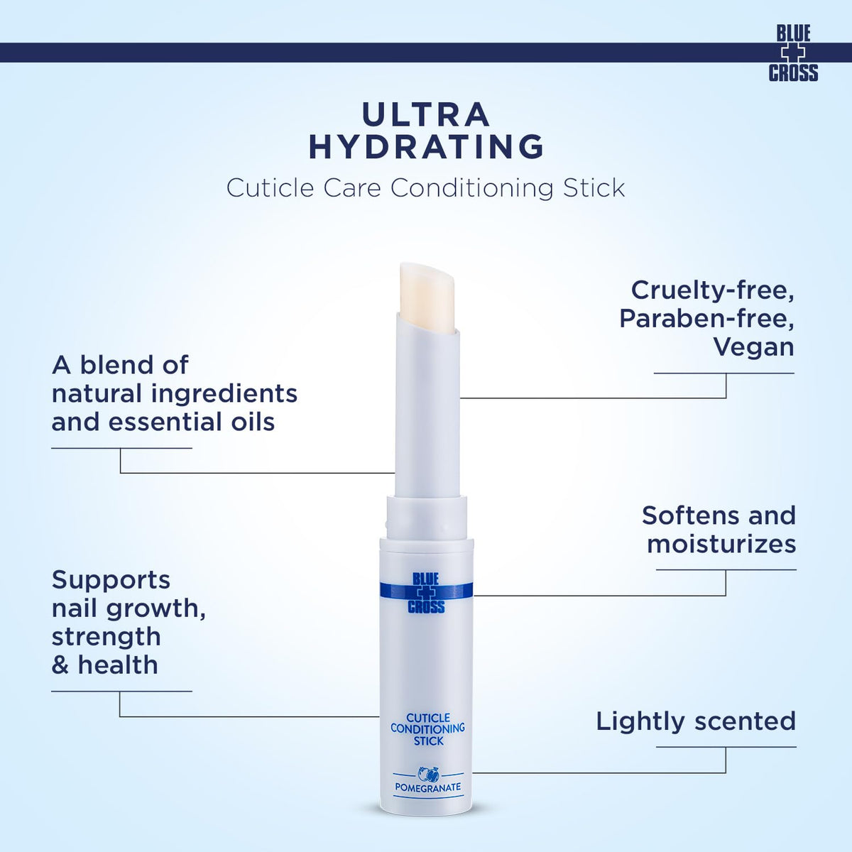 Blue Cross Cuticle Balm Conditioning Stick, Scented Cuticle Softener Oil Balm with Nourishing Sunflower & Grape Seed Oil, Professional Nail Care Supports Dry + Damaged Cuticles, 0.05oz, Pomegranate