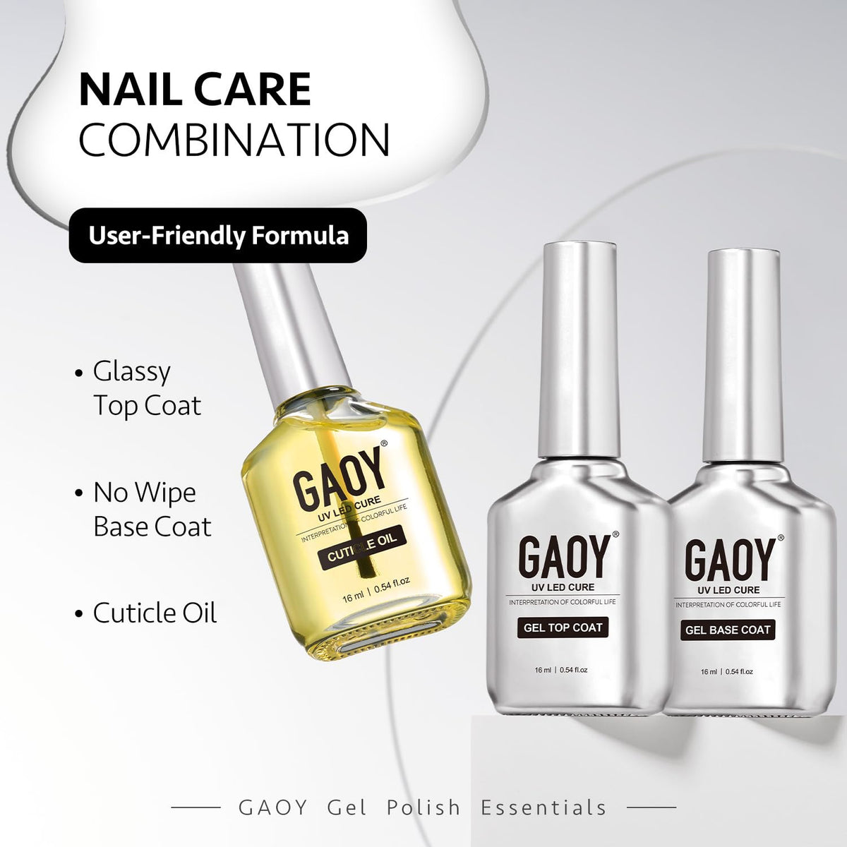 GAOY Gel Top Coat, Base Coat and Cuticle Oil Set, 3 Pcs 16ml Glossy No Wipe Combination for UV Light Cure Gel Nail Polish