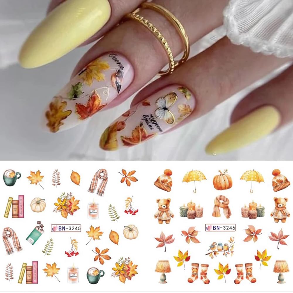 Fall Maple Leaf Nail Art Stickers for Thanksgiving Day Accessories - Autumn Water Transfer Decals With Fall Harvest Pumpkin Squirrel Bird Watermark Slider Foils for Women