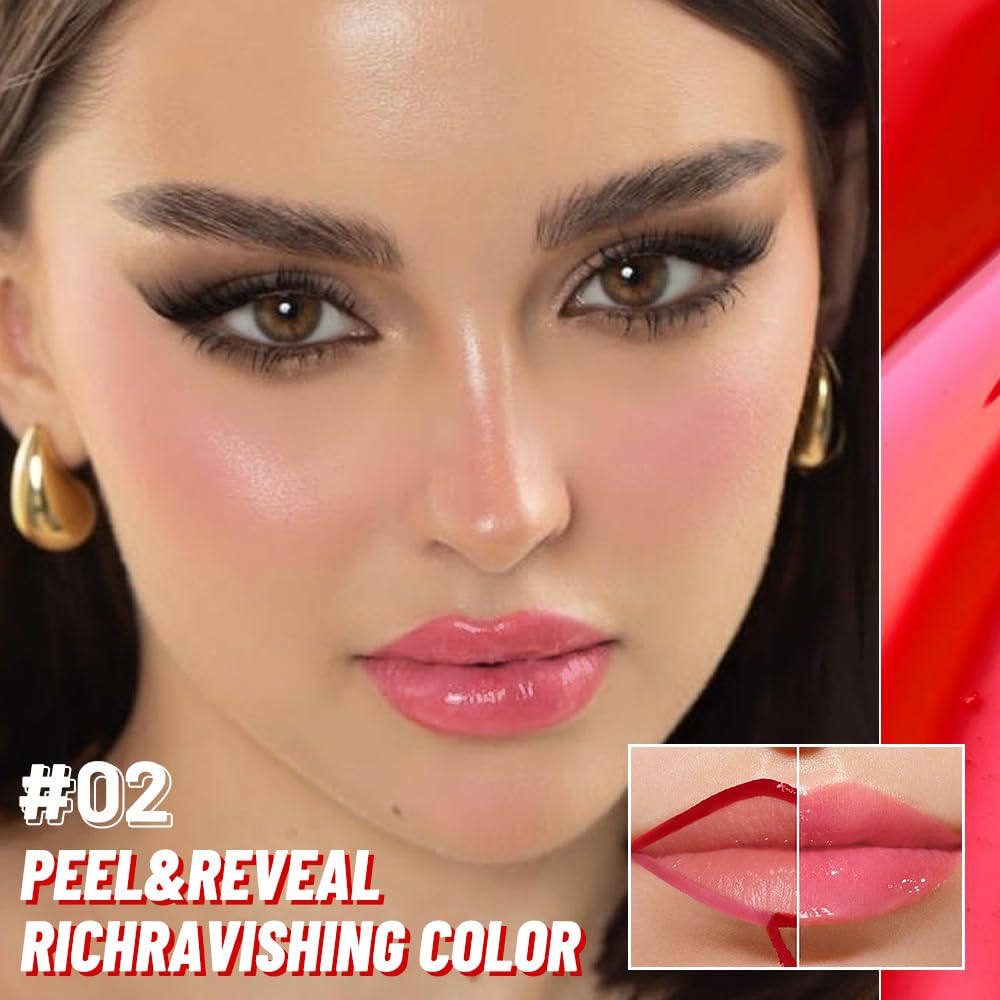 Dewy Rose Lip Stain Peel Off Lip liner and Lip oil with Tweezer, Dual-Ended Peel Off Lip Stain Tattoo, Highly Pigmented Long Lasting Waterproof, Transfer-proof for All Skin Types, 02#