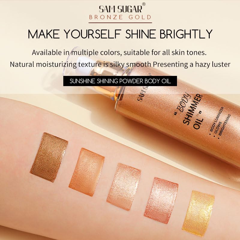 Shimmer Body Oil, Long Lasting Moisturizing Body Glow Glitter for Women Face Luminizer Highlighter Makeup 100ml Shimmer Oil for Glowing Skin Lotion (Dark Brown Gold)