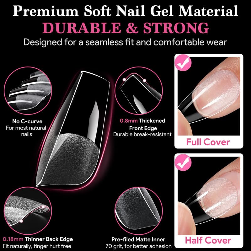 Medium Coffin False Nail Tips, 15 Sizes 510 PCS Clear Soft Press On Fake Nail Pre-shaped Half Matte Full Cover Gel Nail Tip Extensions Strong Thick Long Lasting for DIY Beginners & Salon Manicure