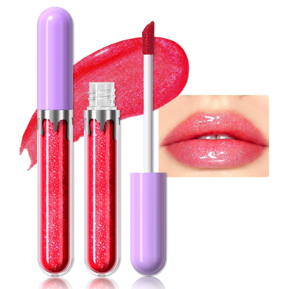 Glitter Liquid Lip Gloss,Pink Shimmer Lipstick, Waterproof Shimmer Lip Stain Lip Glaze, High Shine Long Lasting Shiny Lip Color Makeup 05#