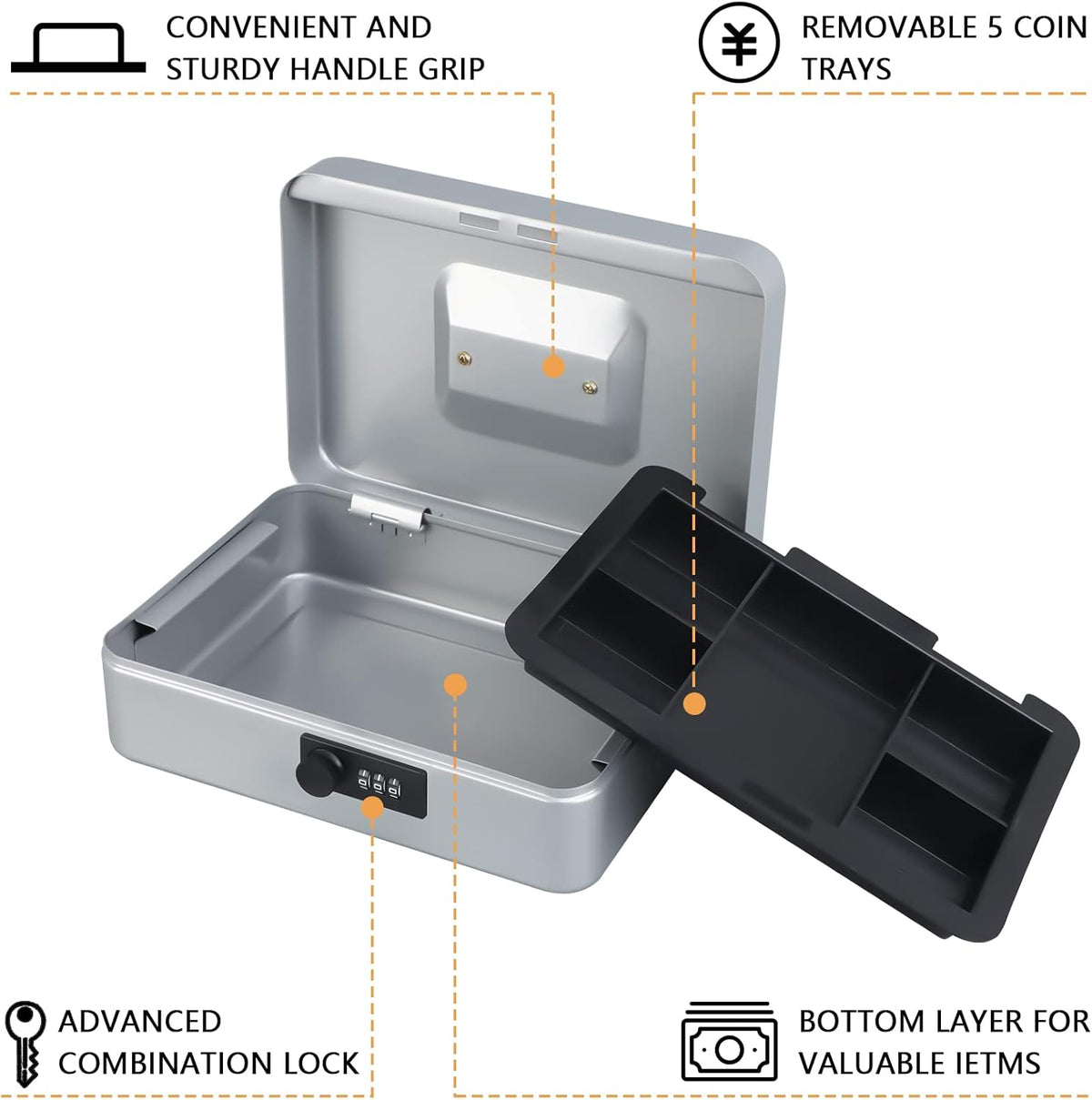 KYODOLED Large Cash Box with Combination Lock,Safe Metal Box for Money, Storage Lock Box with Money Tray,9.84"x 7"x 3.54" Lightgrey Large