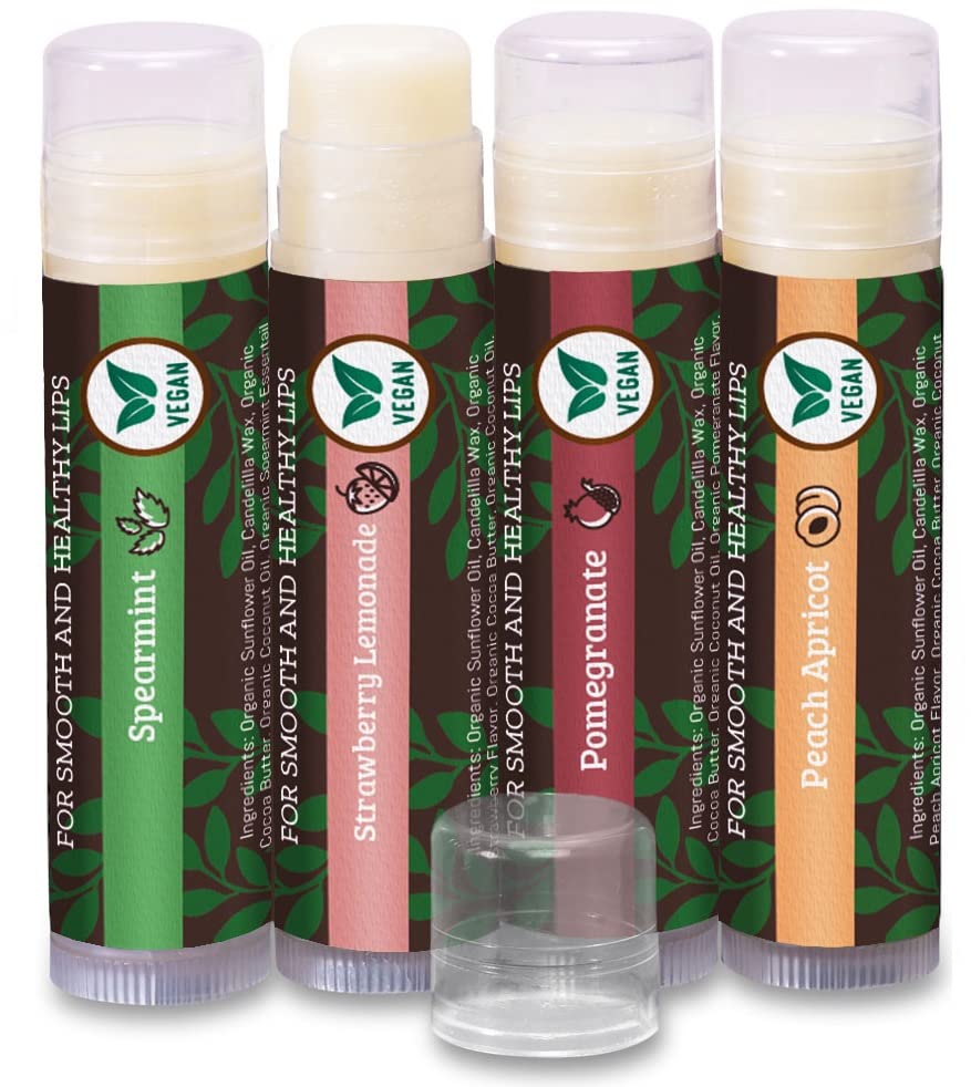 Earth's Daughter Vegan Lip Balm 4-pack, Beeswax Free Lip Balm, Natural, Organic Flavors - Assorted Flavors, Plant Based Vegan Chapstick, Moisturizer