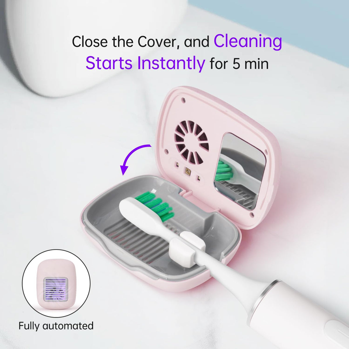 Toothbrush Holder, Toothbrush Cleaner Case, Portable USB Charging Toothbrush Cover with U V-C Light, Travel Toothbrush Holder (Pink-Fan)