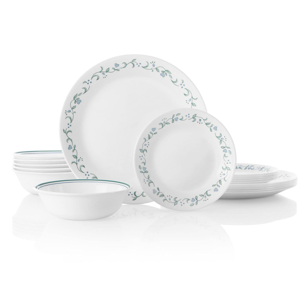 Corelle Everyday 18-PC Dinnerware Set Service for 6, Durable and Eco-Friendly, Higher Rim Glass Plate & Bowl Set, Microwave and Dishwasher Safe, Sadie