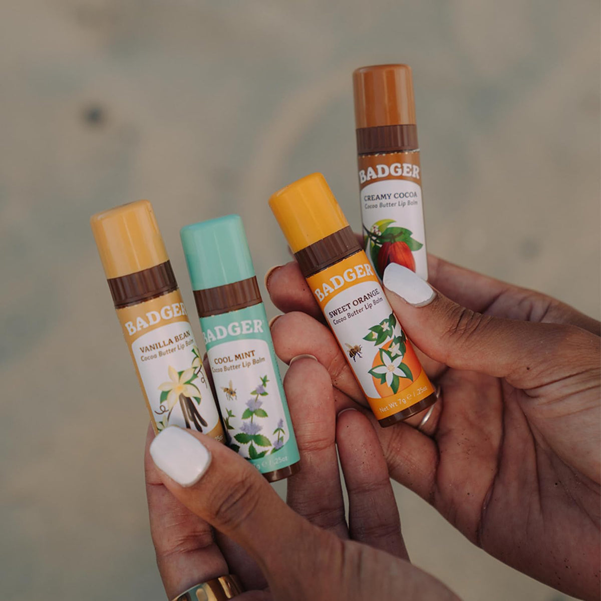 Badger Vanilla Bean Cocoa Butter Lip Balm, Long Lasting Hydrating Lip Care, 100% Organic Lip Balm, Large Size Stick, 4-pack