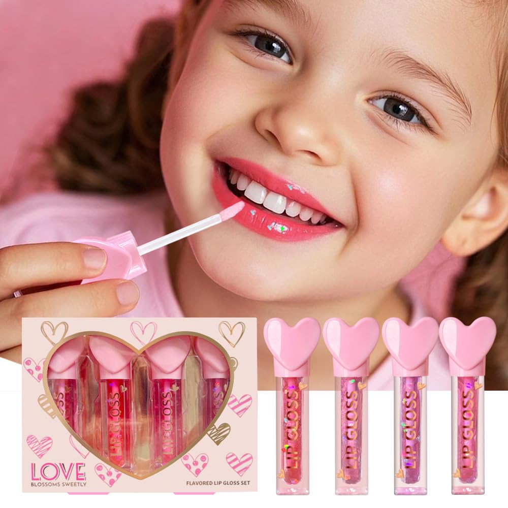 4pc Heart Charm Lip Gloss Stick for Girls - Glossy Fruity Lip Set | Non Toxic Party Favors, Teen Makeup Gift with Cute Topper (4 Pack)