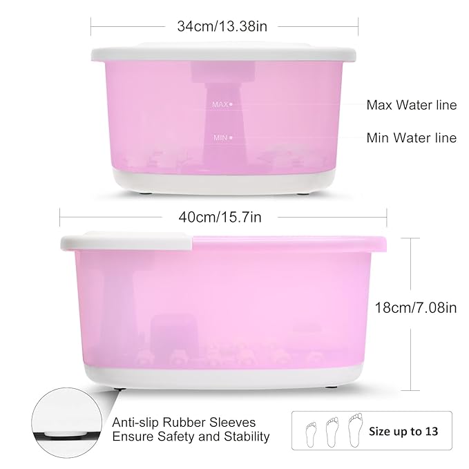 Foot Spa Bath Massager with Heat Bubbles and Vibration Massage and Jets, 16 OZ Calming Lavender Foot Soak Epsom Salt, Foot Soaker with Red Light, 22 Massage Rollers, Adjustable Temp - Pink