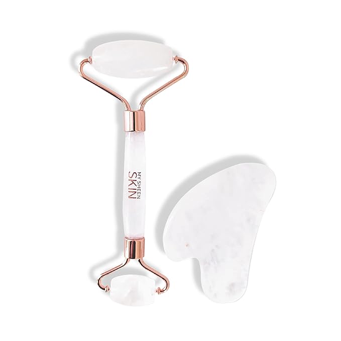 Cristy Premium Face Roller & Gua Sha Set, Jade Roller Beauty Massage Tool, for Face, Neck and Body Muscle Relaxing, Relieve Fine Lines and Wrinkles Crystal Clear Quartz (White)