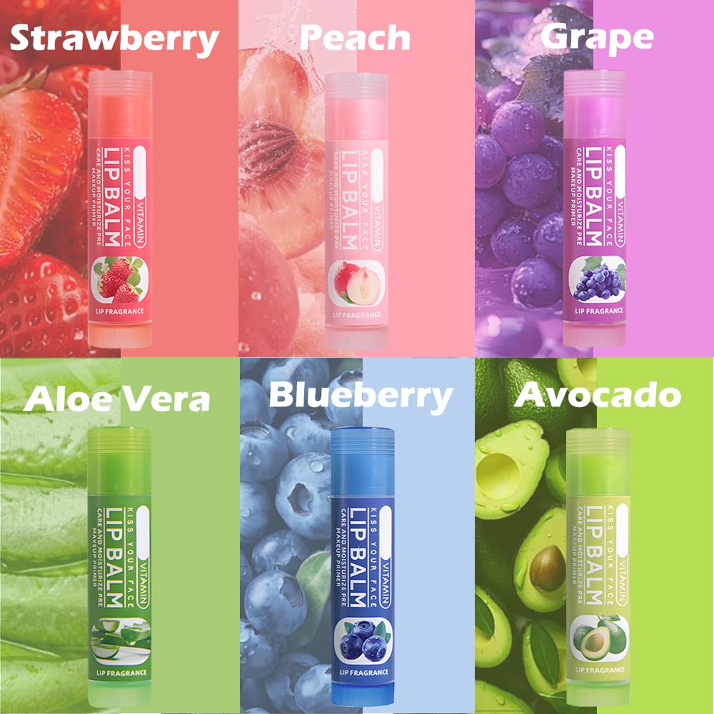 Nourishing Lip Balm Set for Dry & Chapped Lips, 6Pcs Ideal Lipstick Primer for Women, Deep Moisturization Fruit Chapstick, Vegan Tinted Lip Balm, Hydrating, Fall Winter Lip Care