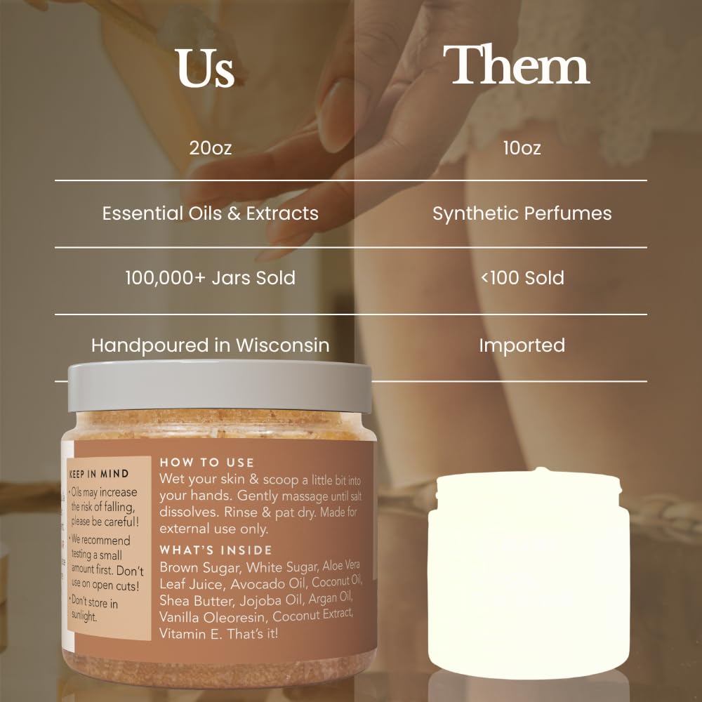 Bare Botanics Brown Sugar Body Scrub 20 oz - Naturally Scented Coconut Vanilla Sugar Scrub Made in Madison, WI - Formulated w/Skin Loving Moisturizers - Vegan, Cruelty Free w/a Cute Wooden Spoon