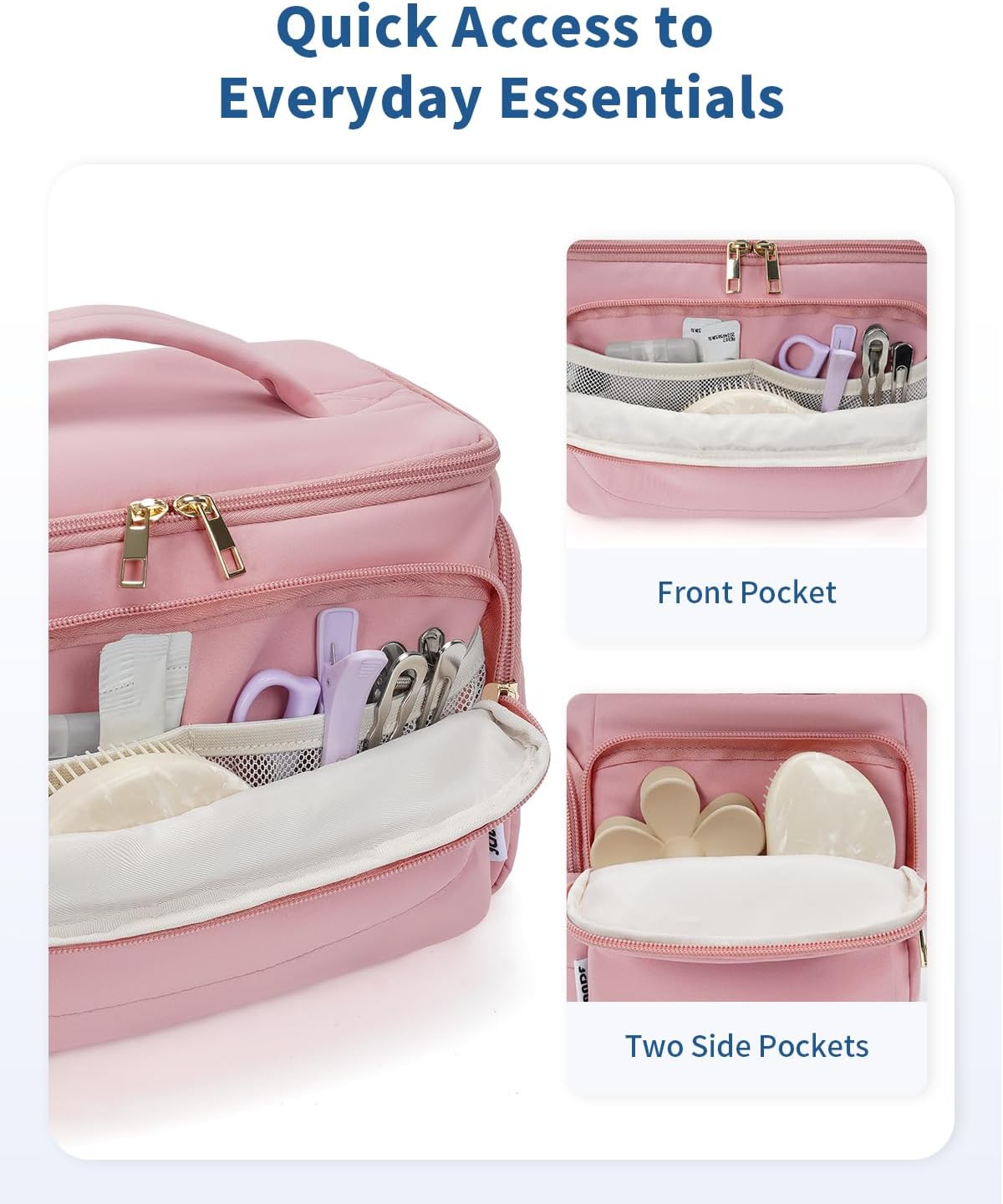 WANDF Travel Toiletry Bag for Women, Wide-open Large Makeup Bag with Handle, Puffy Makeup Organizer for Toiletries, Cosmetics, Accessories, Essentials (Dusty Pink)